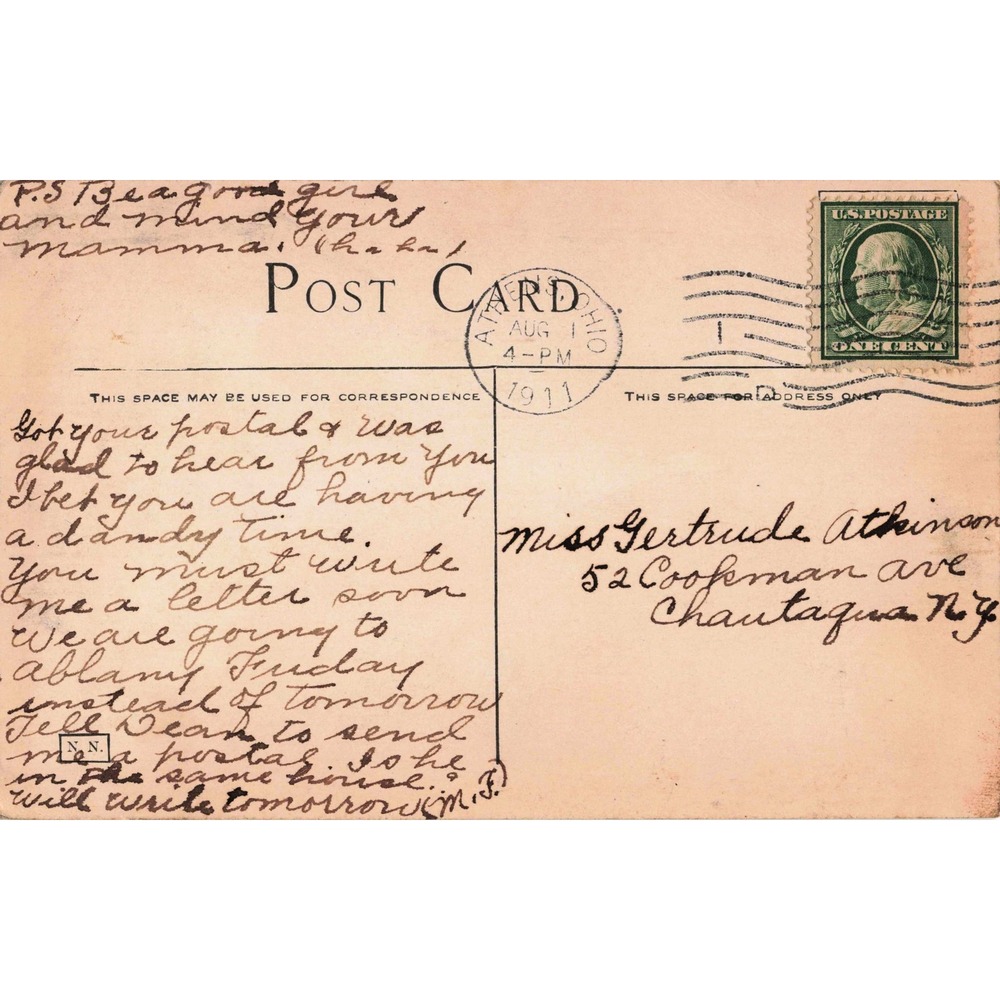 Athens Ohio OH South College St Tree Lined Street View Antique Postcard 1911 - Picture 2 of 2